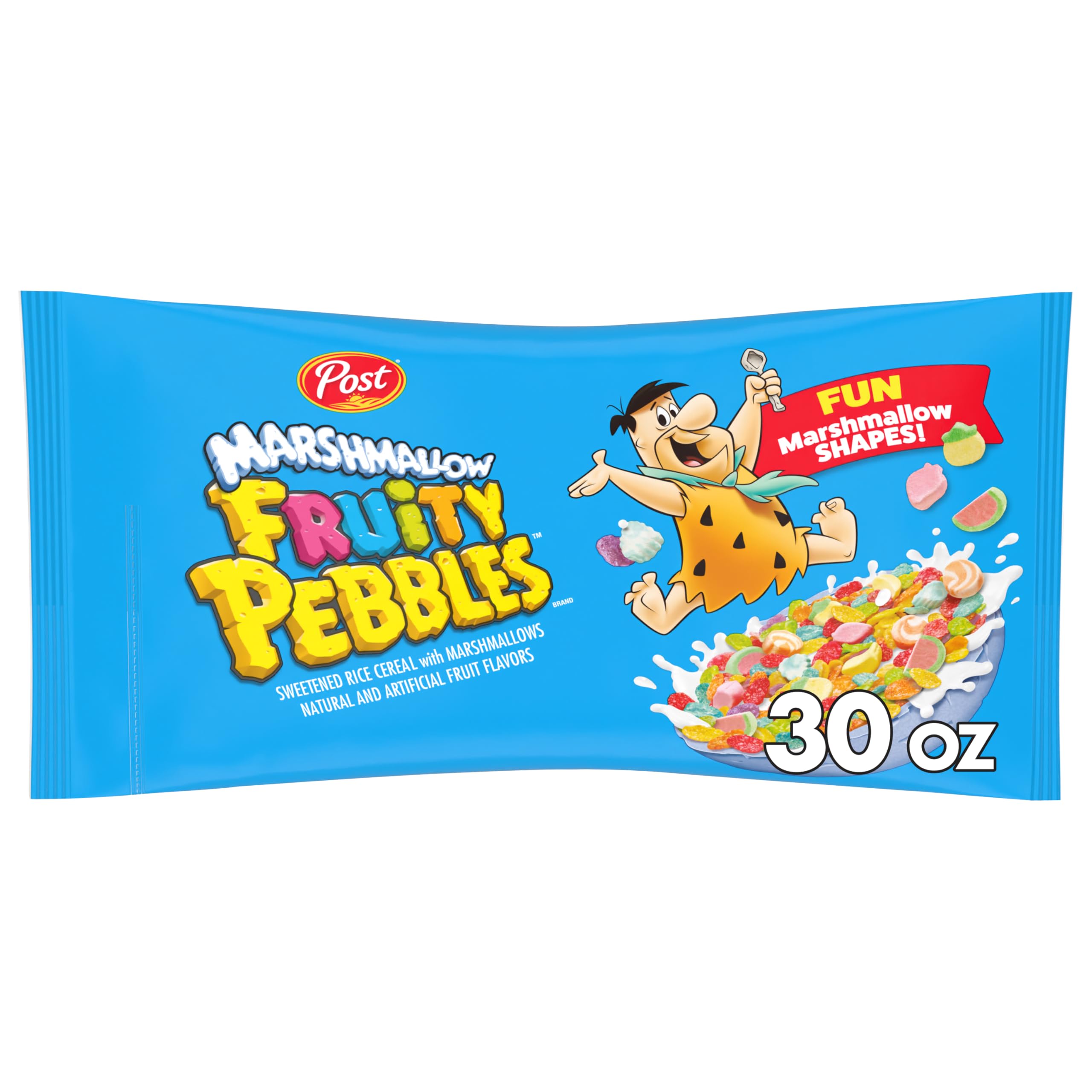 Fruity Pebbles Marshmallow Cereal bag shown for family breakfast variety
