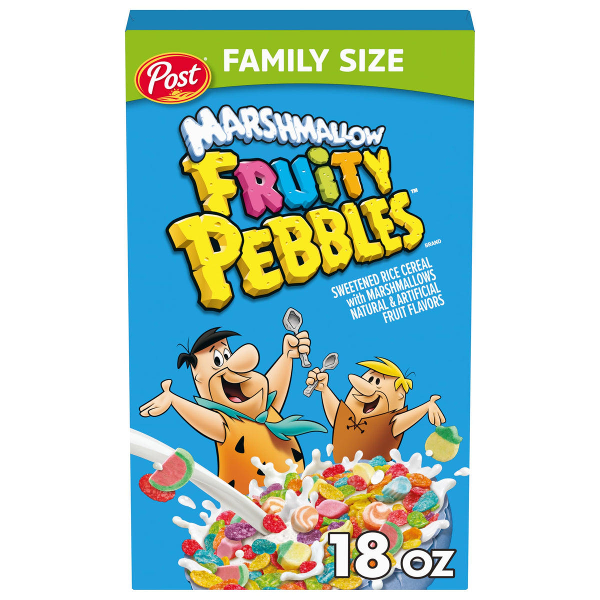 Fruity Pebbles marshmallow cereal bowl with colorful crunch for a quick breakfast.