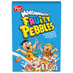 Fruity Pebbles Marshmallow Cereal box front, a gluten-free breakfast option kids love.