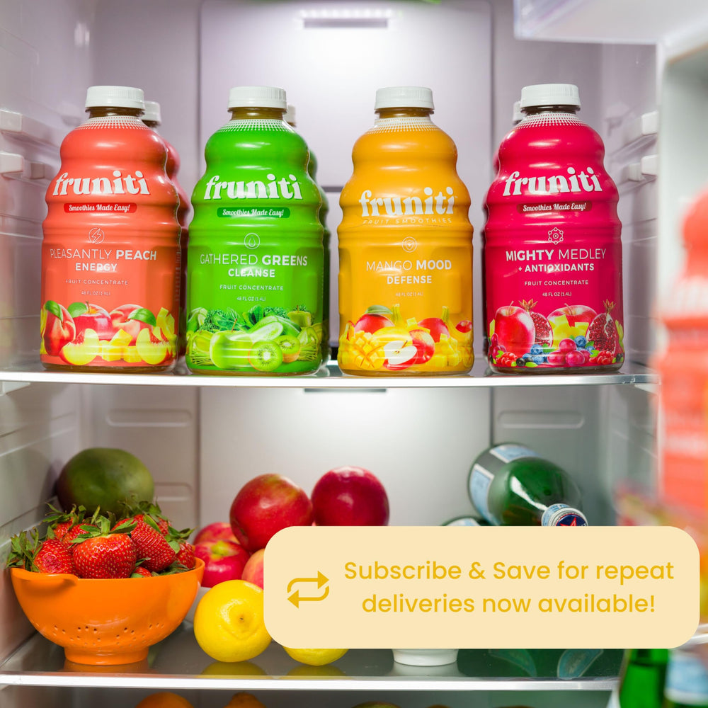 Assorted fruits in Fruniti mix indicating real fruit purée and flavors.