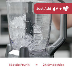 Fruniti Superfruit Medley smoothie glass highlights vibrant color and taste.