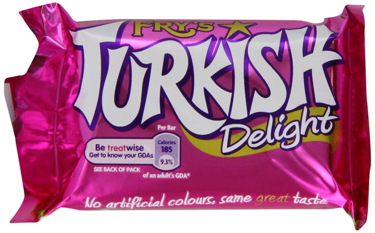 Fry's Turkish Delight milk chocolate bar with creamy coating, ideal for tea time.