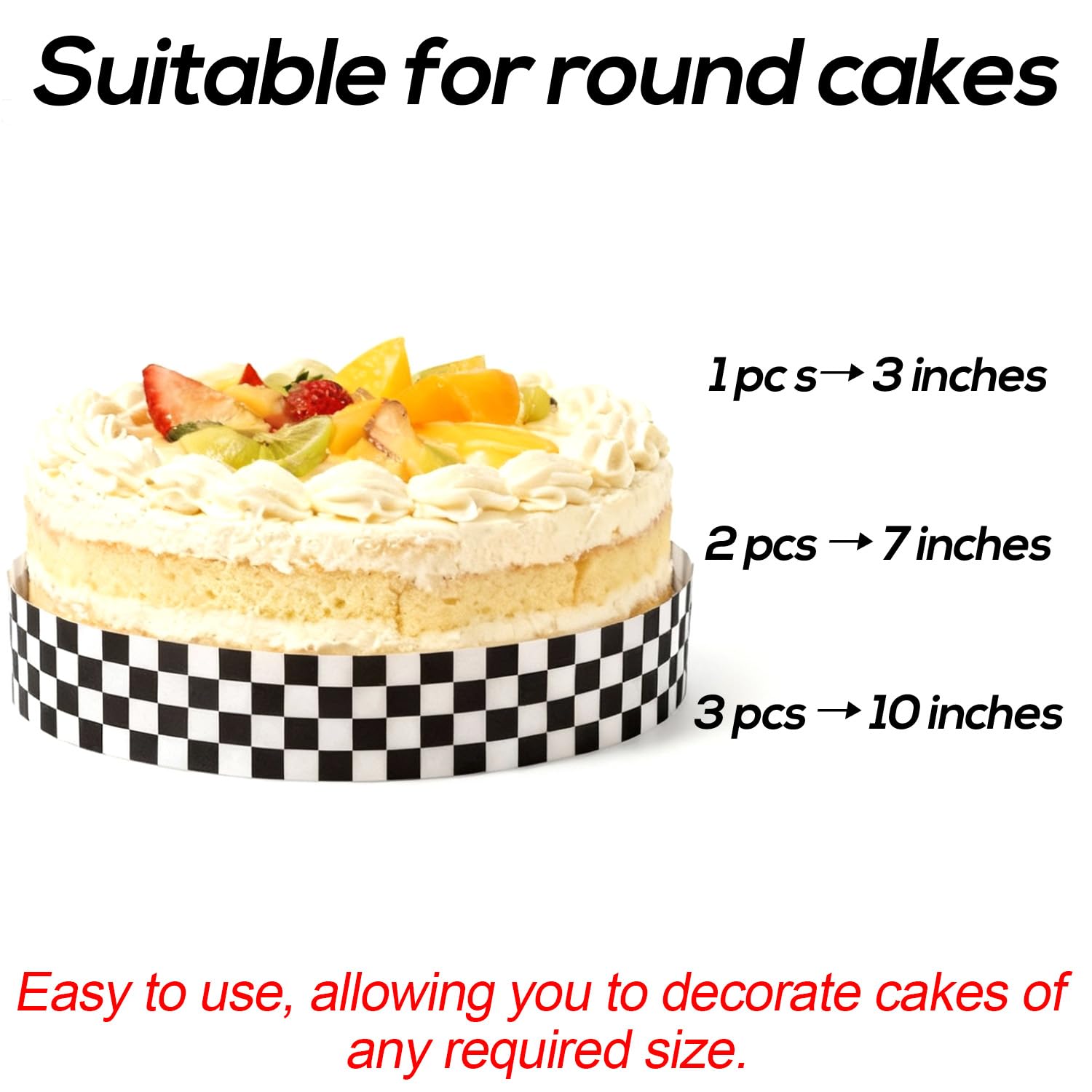 Fukaisu black and white checkered edible border on a cake.