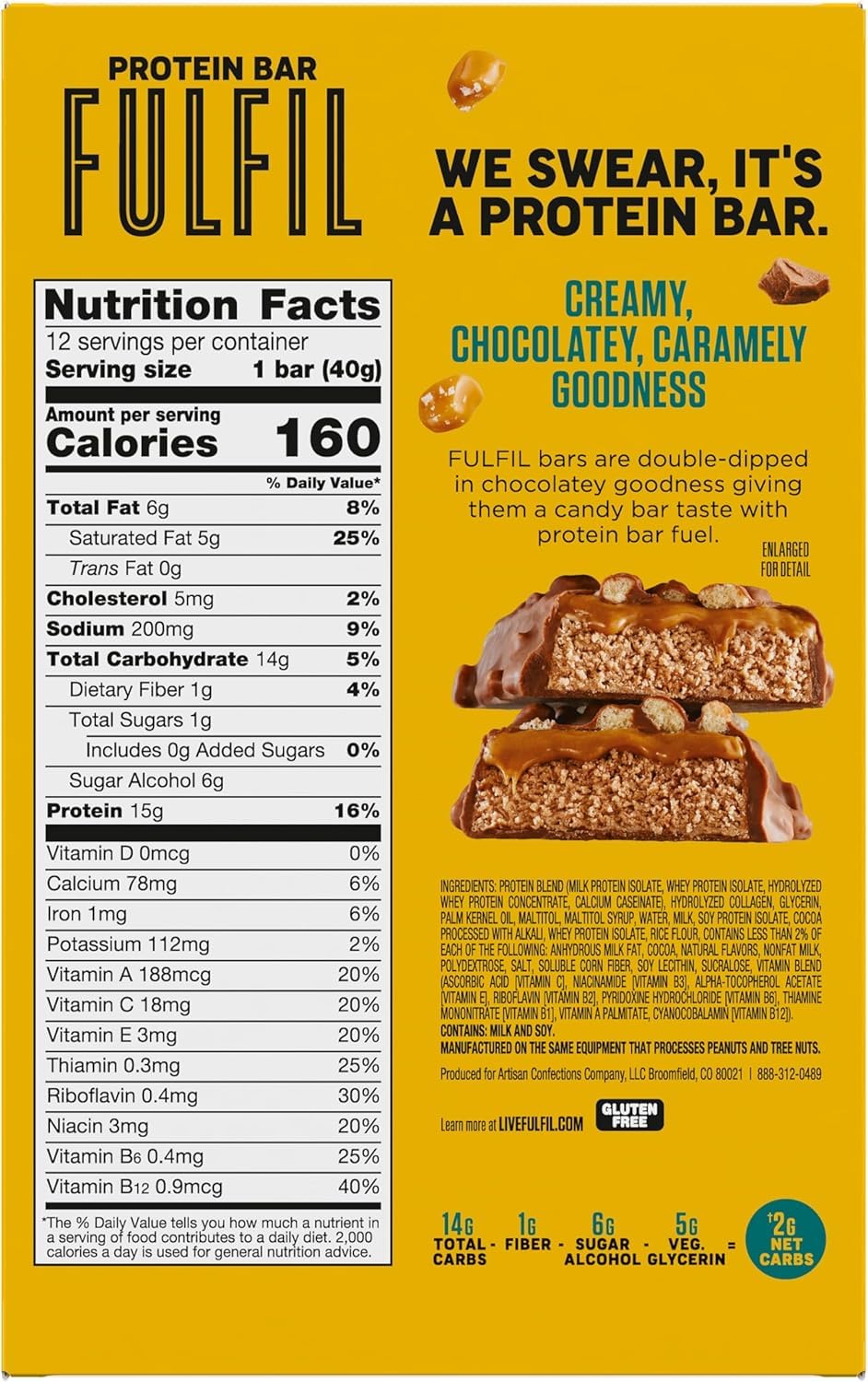 Fulfil protein bar nutrition panel close-up, highlights 15g protein, 1g sugar per bar.