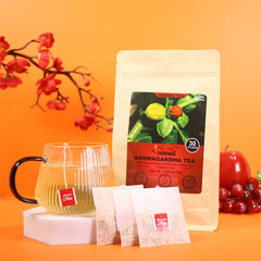 FullChea Ashwagandha Tea sachets steeping in hot water for a calming moment