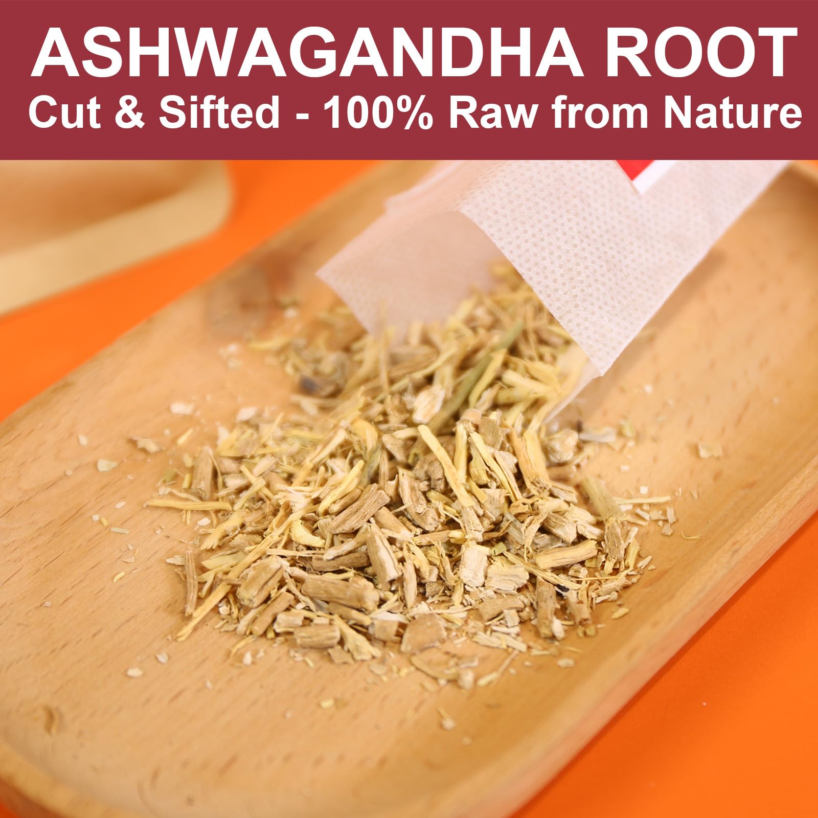 FullChea Ashwagandha Tea dried root close-up highlighting premium Indian origin