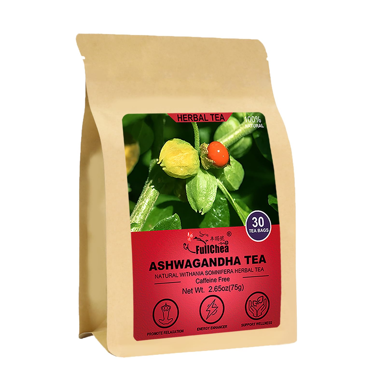 FullChea Ashwagandha Tea packaging showing caffeine-free daily ritual