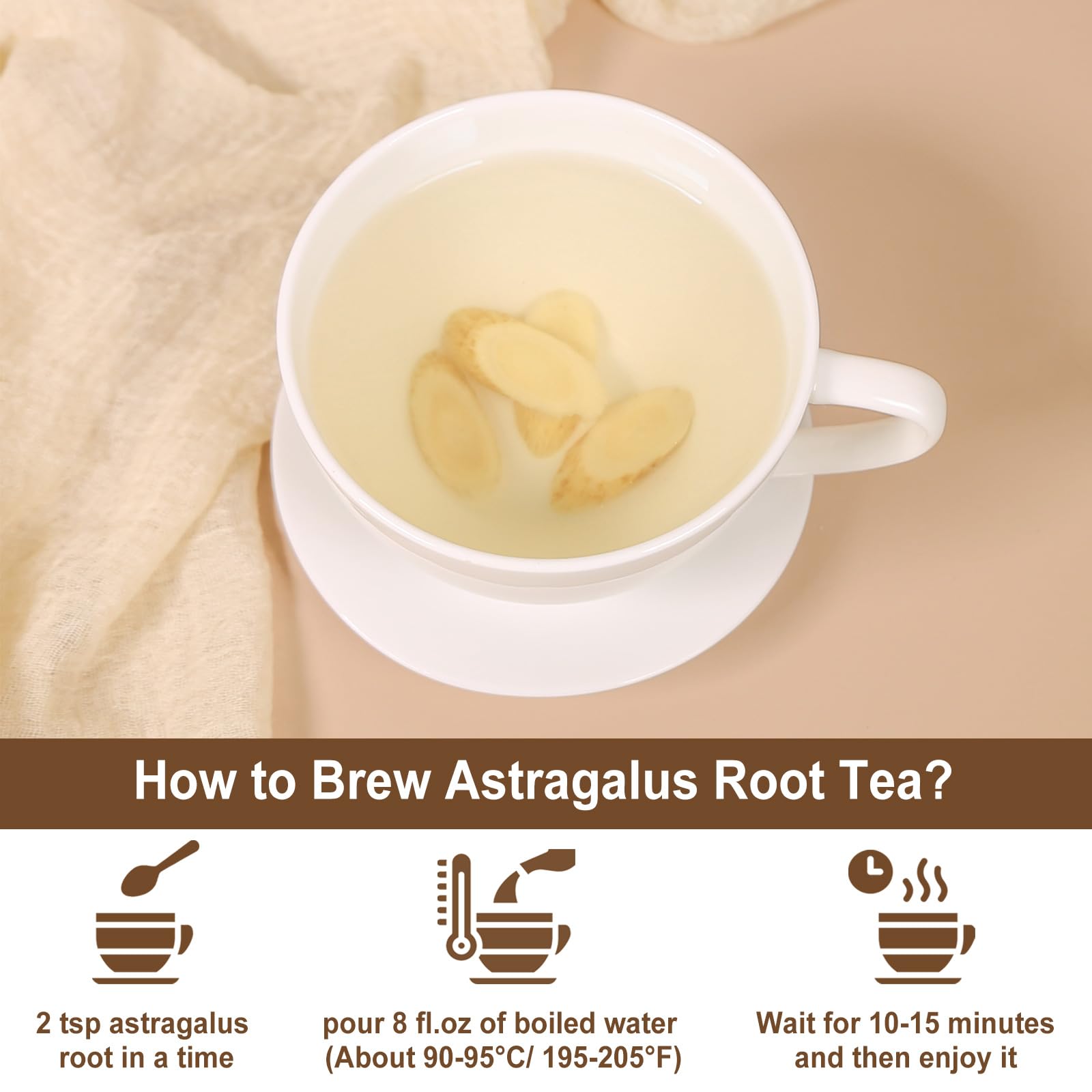 Cup of FullChea astragalus infusion reveals light color and gentle, comforting aroma.