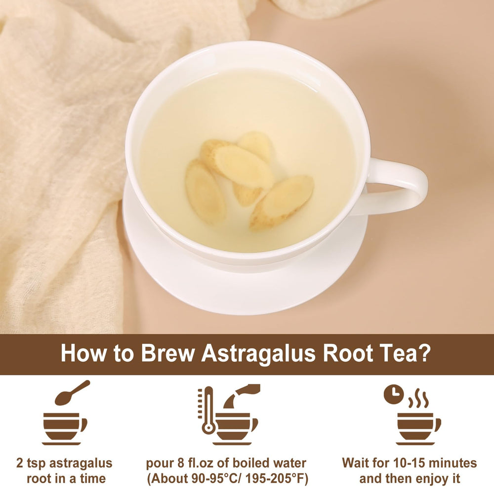 Cup of FullChea astragalus infusion reveals light color and gentle, comforting aroma.