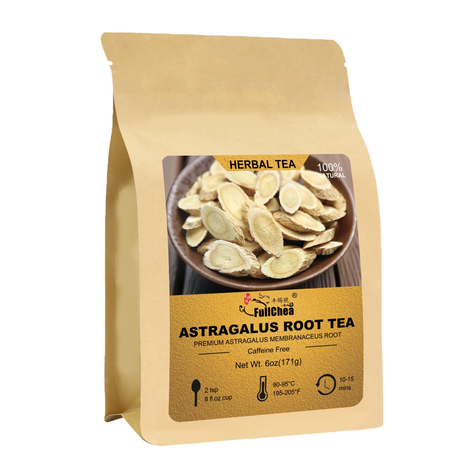 FullChea astragalus root tea packaging highlights premium, caffeine-free herbal blend for everyday enjoyment.