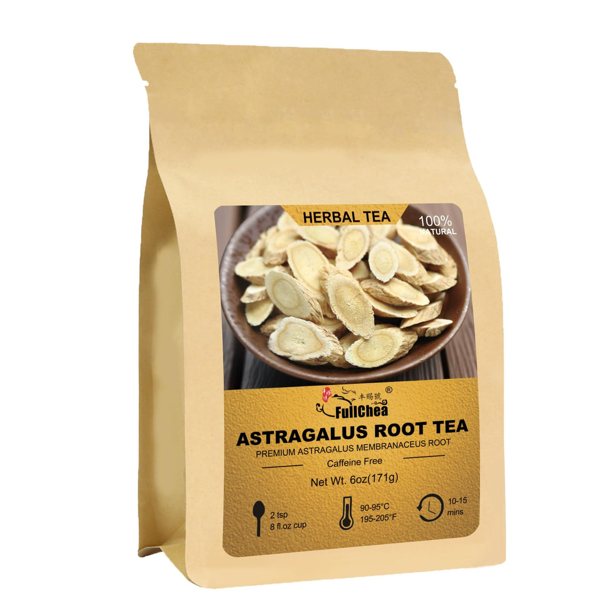 FullChea astragalus root tea packaging highlights premium, caffeine-free herbal blend for everyday enjoyment.