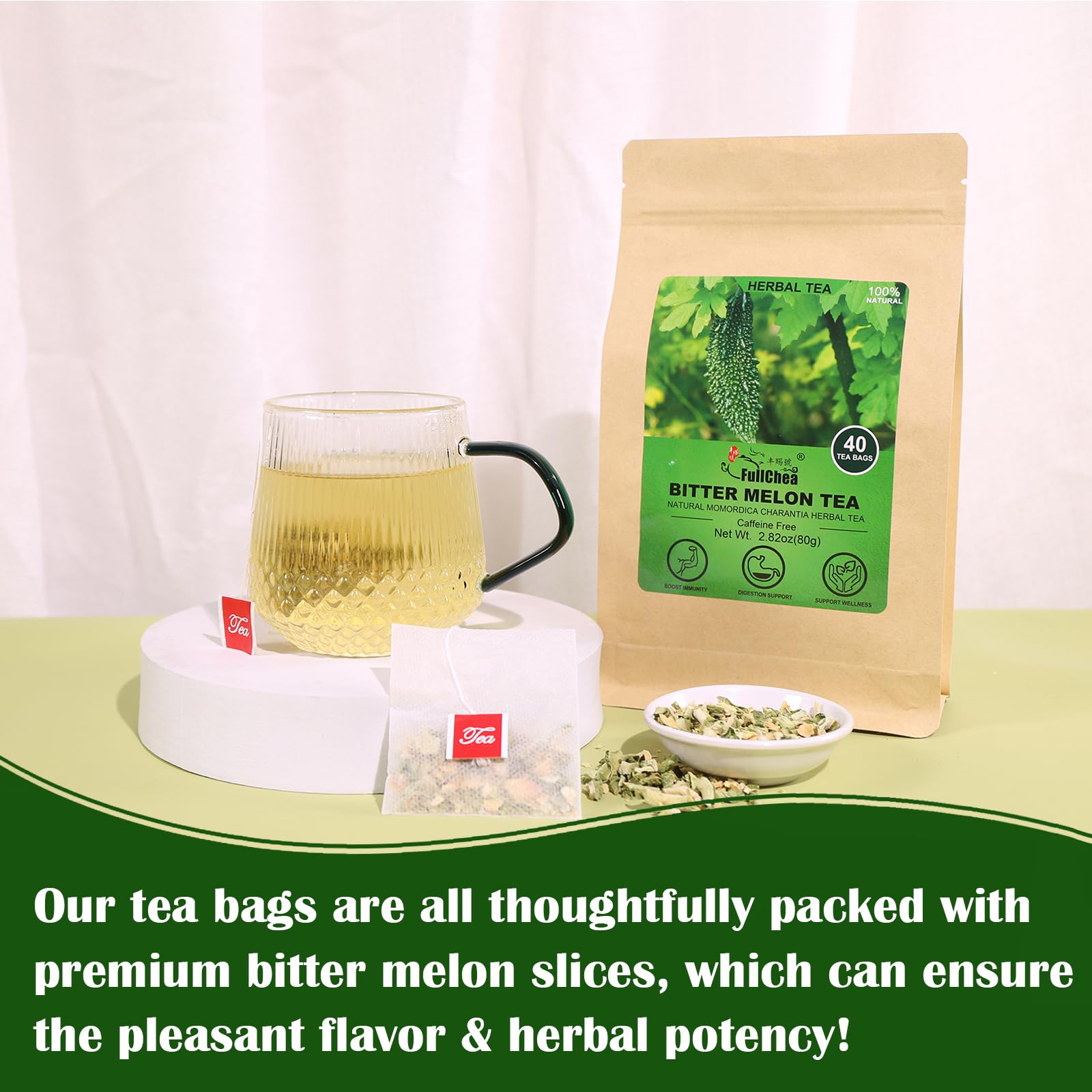 Serving a warm cup of FullChea Bitter Melon Tea.