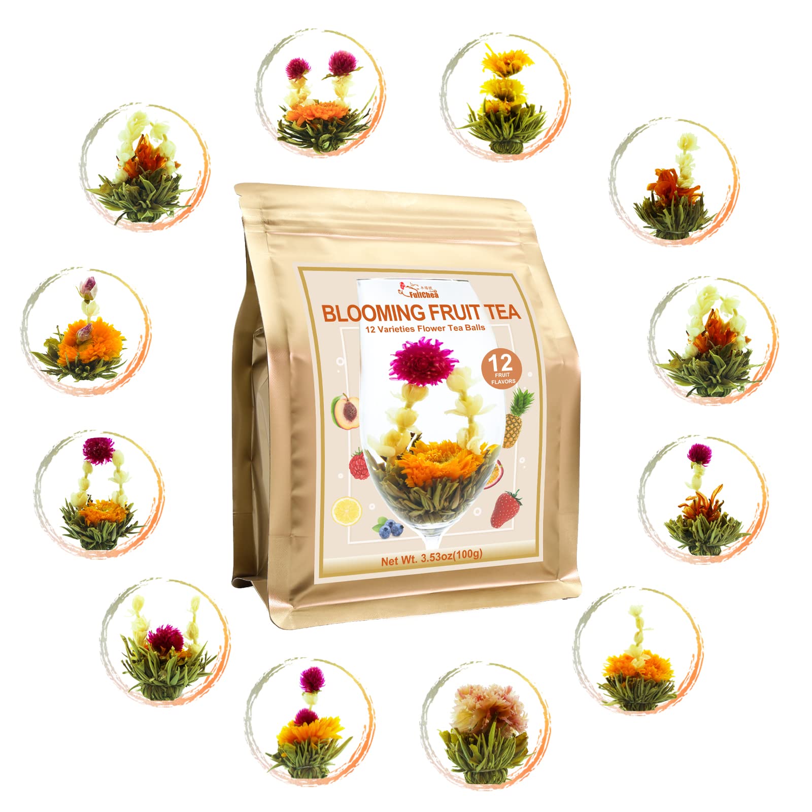 FullChea Blooming Tea collection with colorful blooms ready to steep