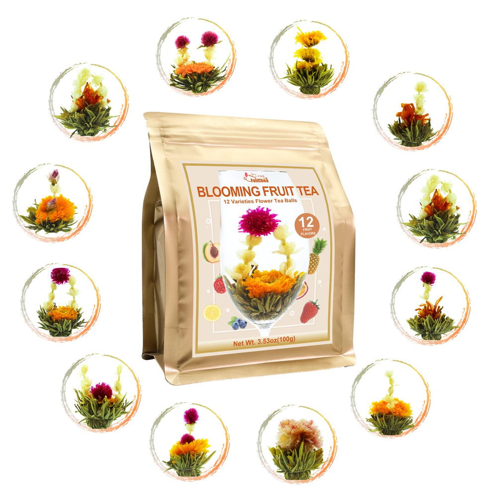 FullChea Blooming Tea collection with colorful blooms ready to steep