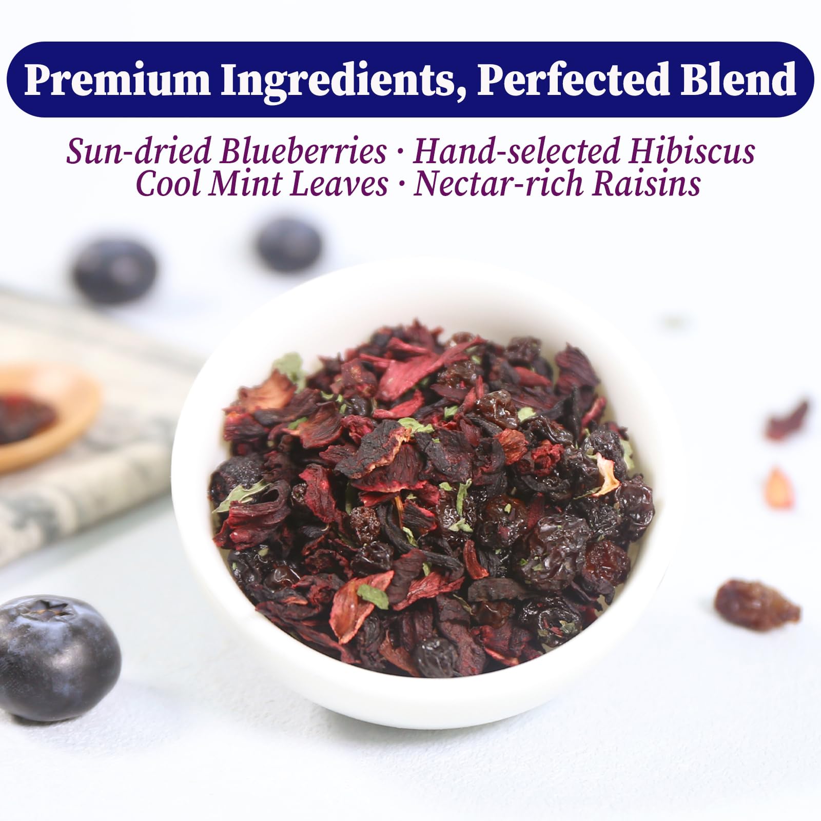 FullChea Blueberry Tea brewed cup with rich color and inviting aroma.