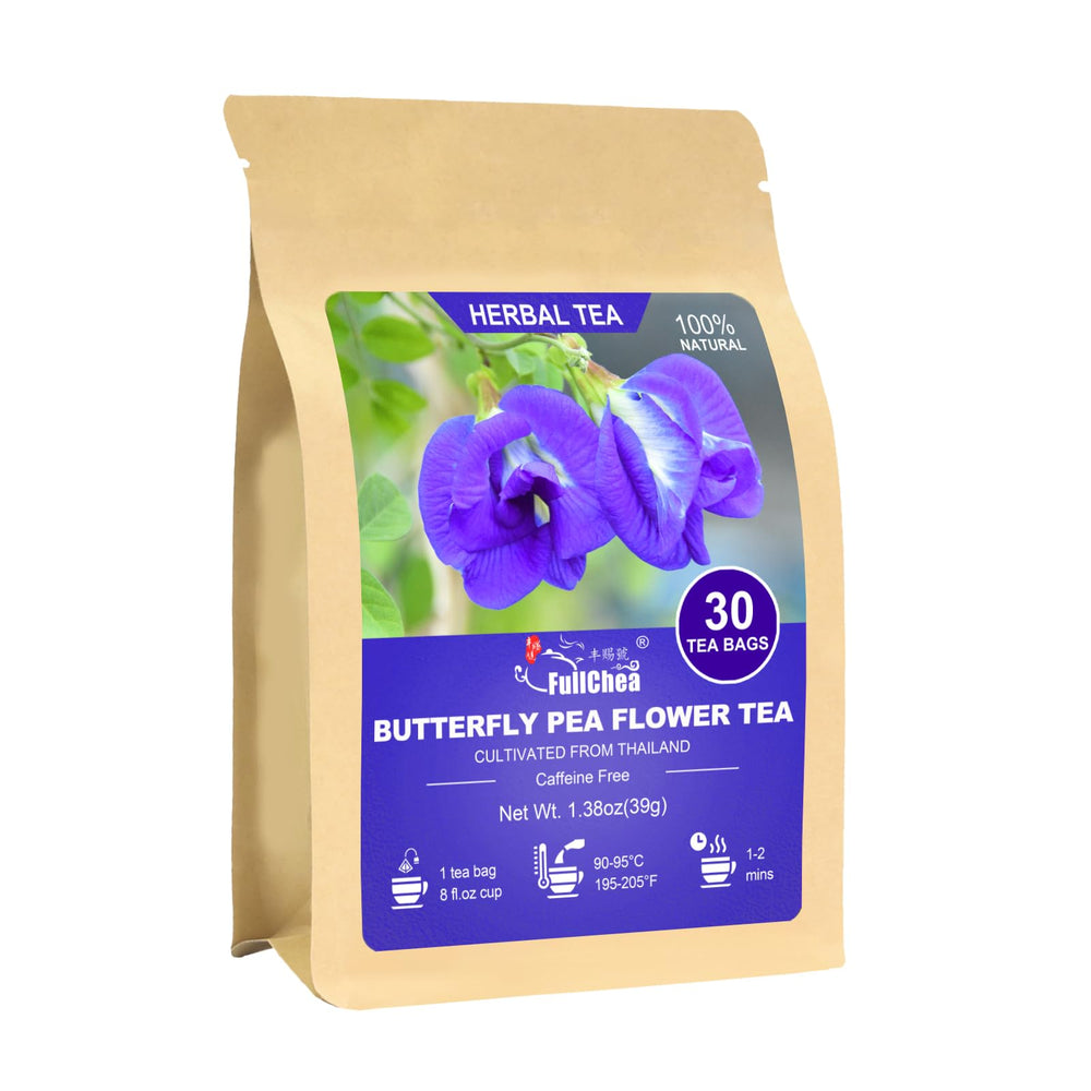 FullChea butterfly pea tea bags 30-pack in resealable pouch for freshness.