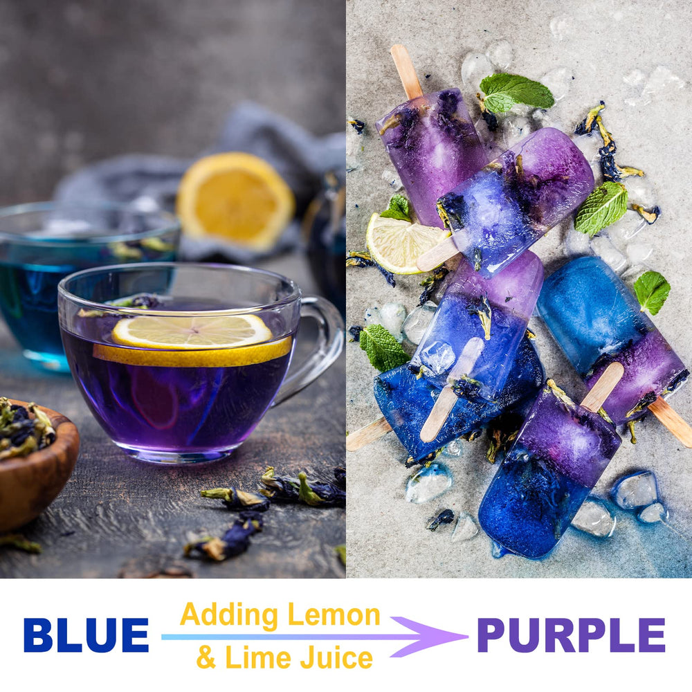 Lemon addition turns FullChea butterfly pea tea purple in hue.