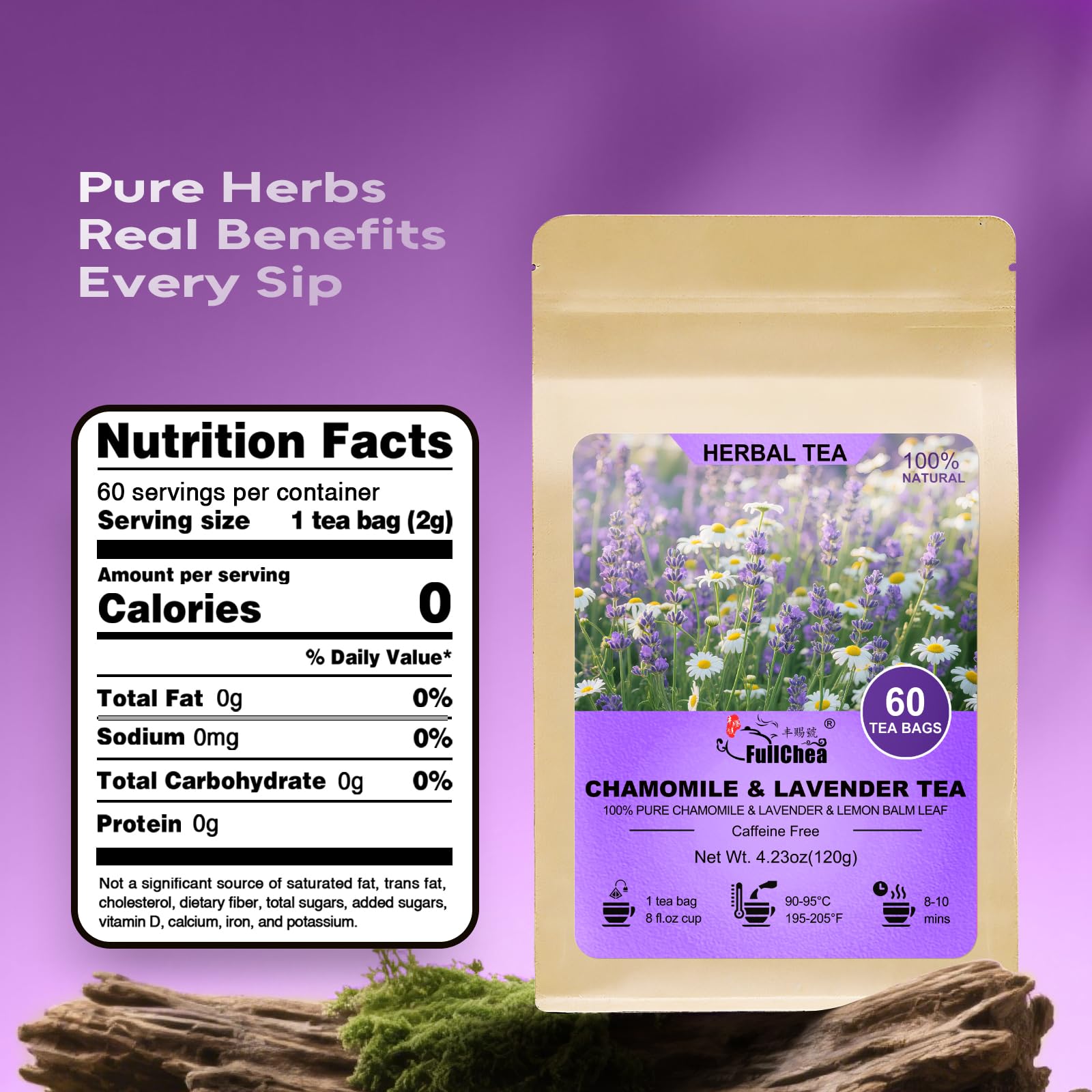 FullChea chamomile lavender tea cup steeping evokes tranquil moments and fragrant sweetness.