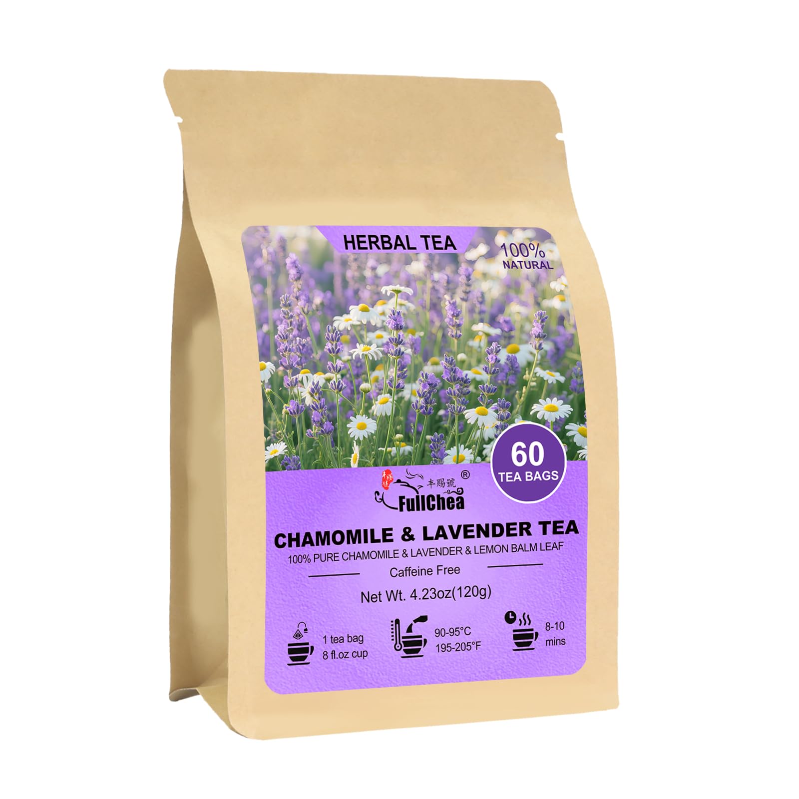 FullChea chamomile lavender tea packaging showcases premium content for calming, caffeine-free enjoyment.