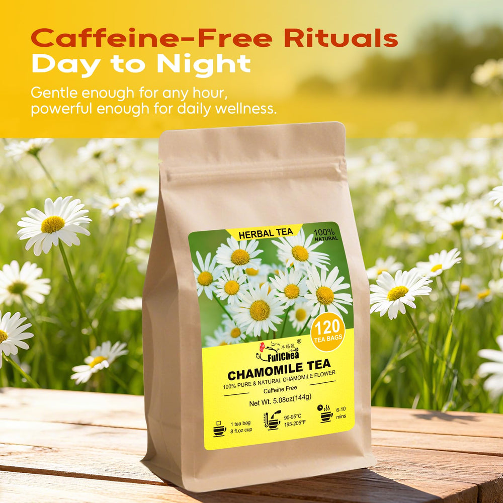 Aromatic FullChea chamomile tea filling a cozy kitchen with scent.