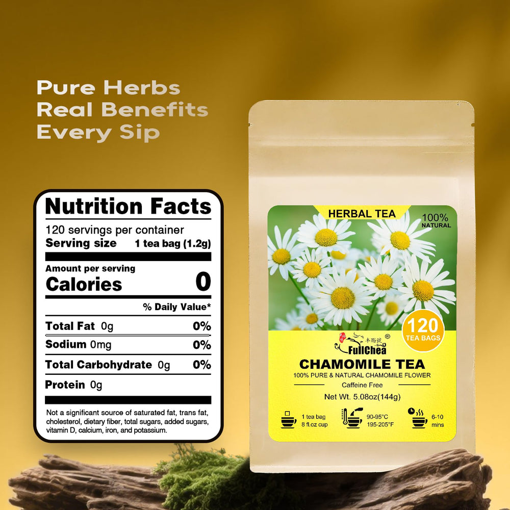 Closeup of FullChea chamomile tea bag with natural chamomile flowers.