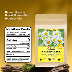 Closeup of FullChea chamomile tea bag with natural chamomile flowers.