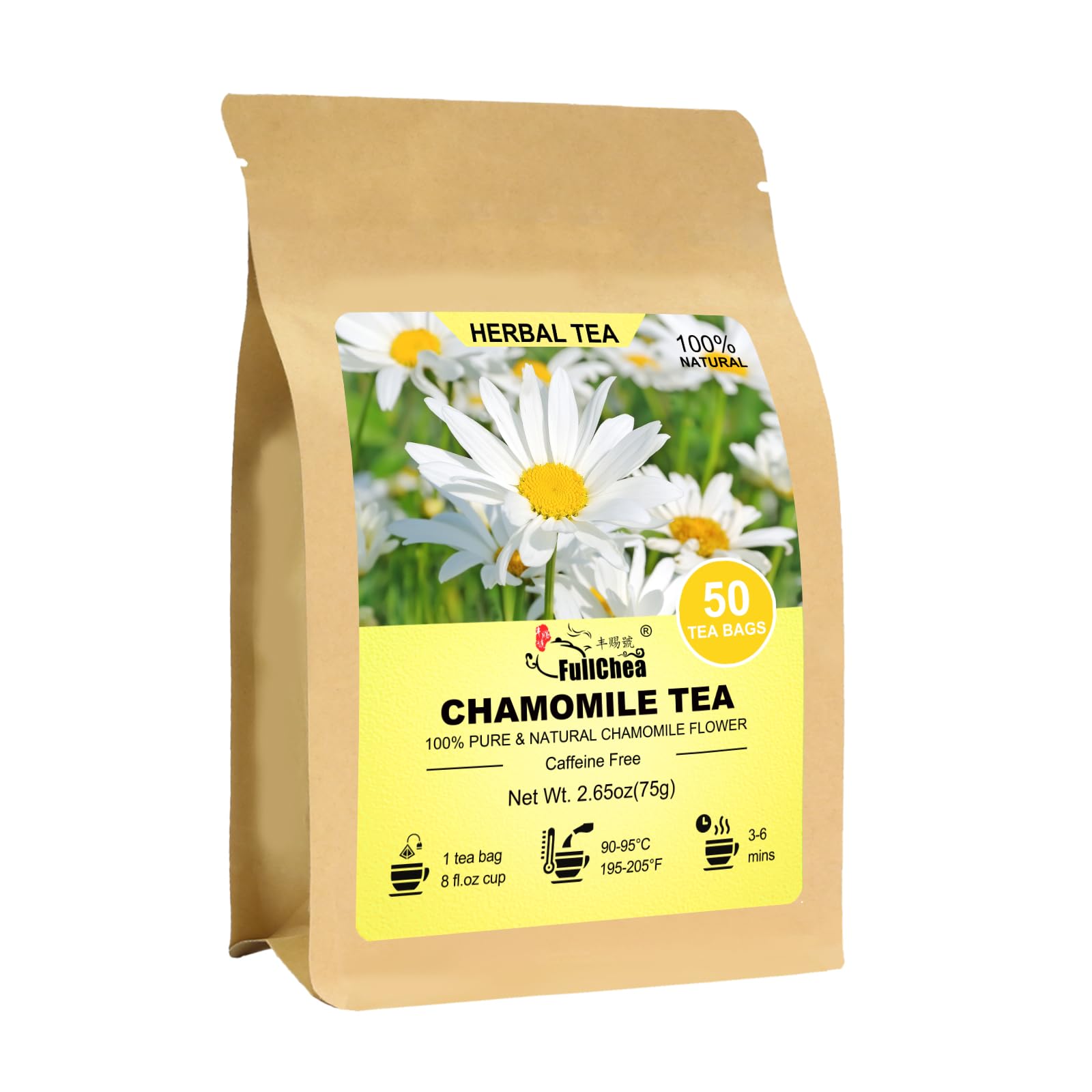 FullChea chamomile tea bags in a pack ready to brew for a calming moment