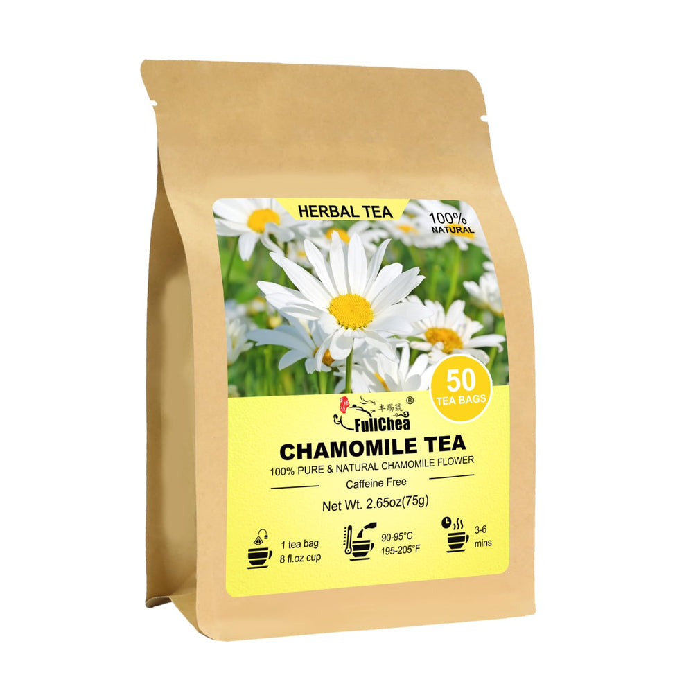 FullChea chamomile tea bags in a pack ready to brew for a calming moment