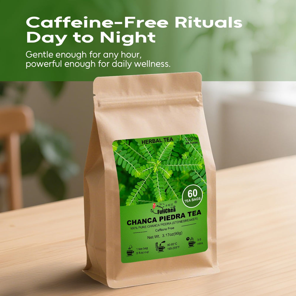 FullChea Chanca Piedra Tea label notes Non-GMO and caffeine-free blend.