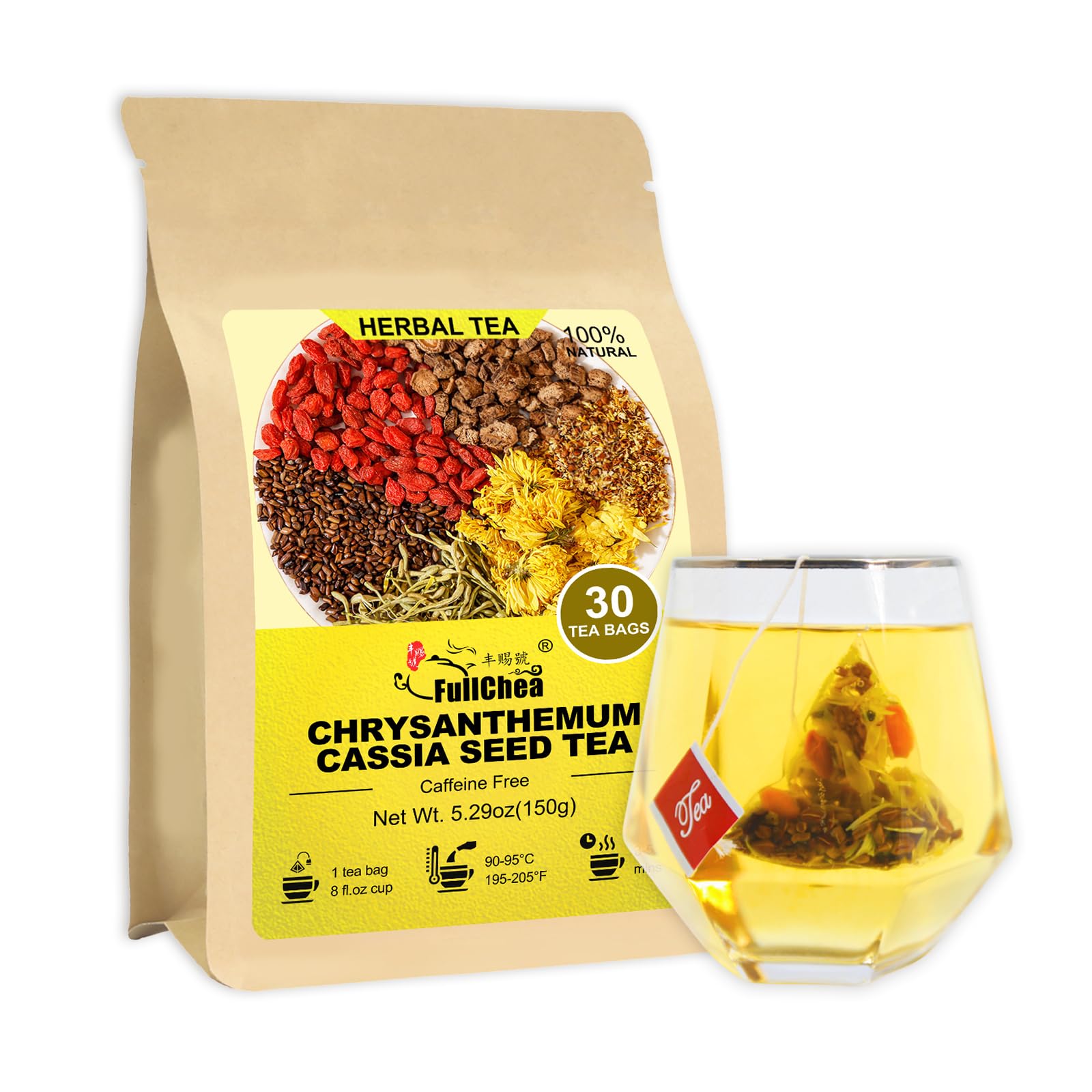 FullChea chrysanthemum cassia tea bag closeup, premium blend for a refreshing cup