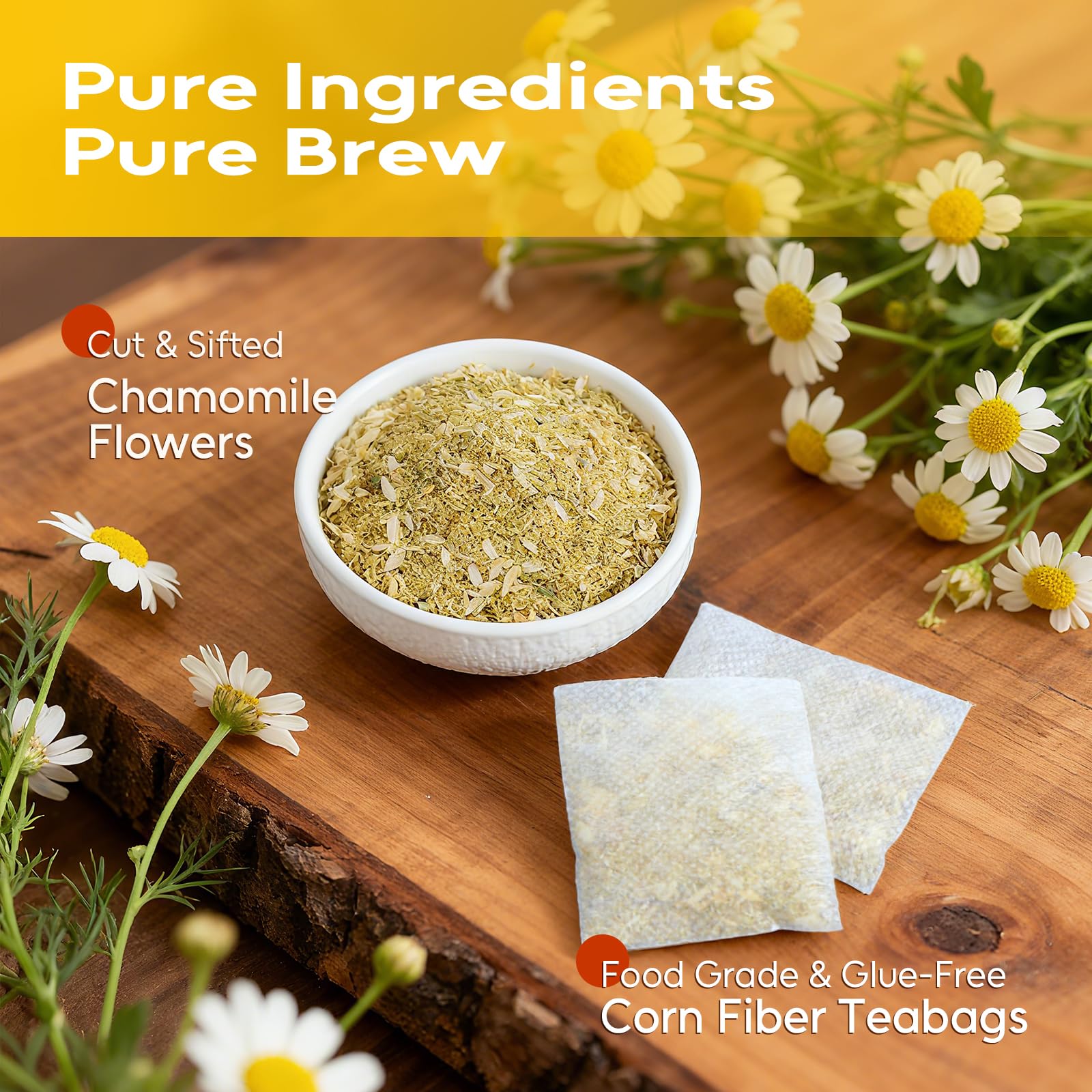 Eco-friendly corn fiber FullChea tea bags on a clean surface.