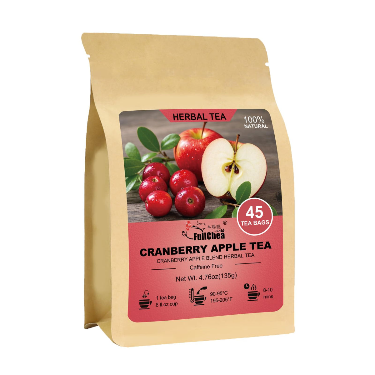 FullChea Cranberry Apple Tea packaging with resealable pouch for freshness.