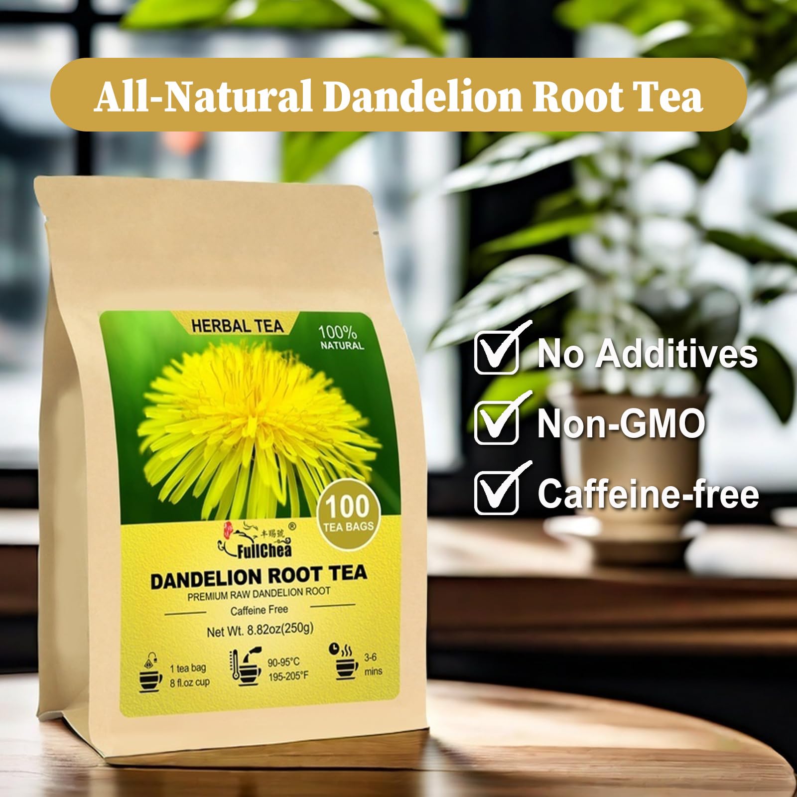 FullChea dandelion root tea bags label confirms non-GMO, quality assurance and safety.