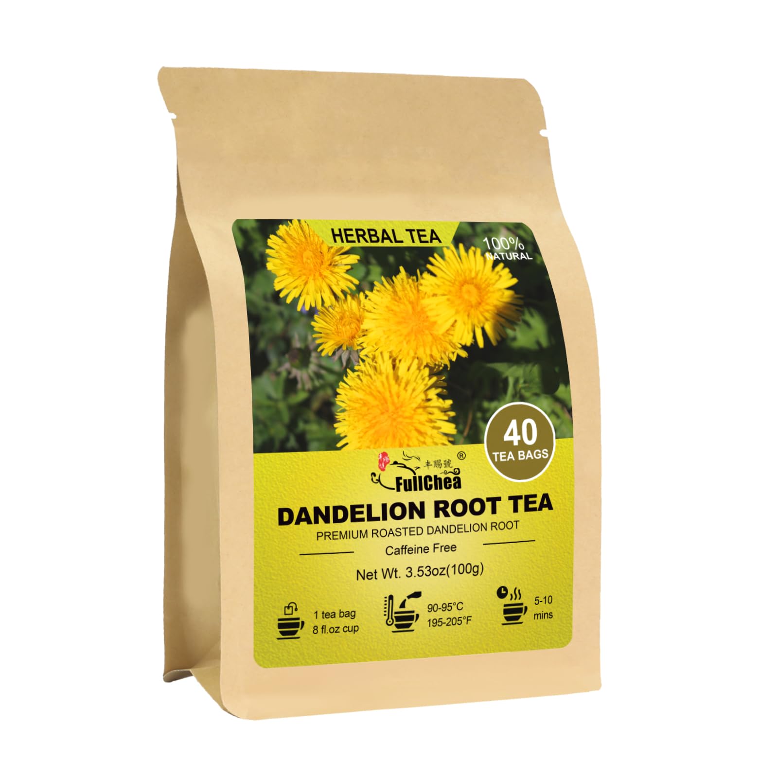 FullChea Dandelion Root Tea Bags pack closeup for caffeine-free sipping.