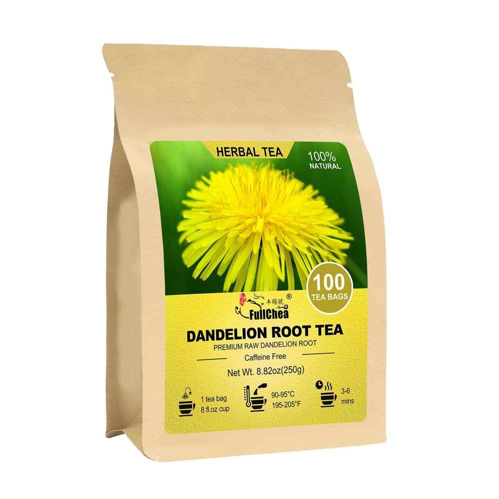 FullChea dandelion root tea bags packaging highlights premium ingredients for a clean, caffeine-free detox ritual.