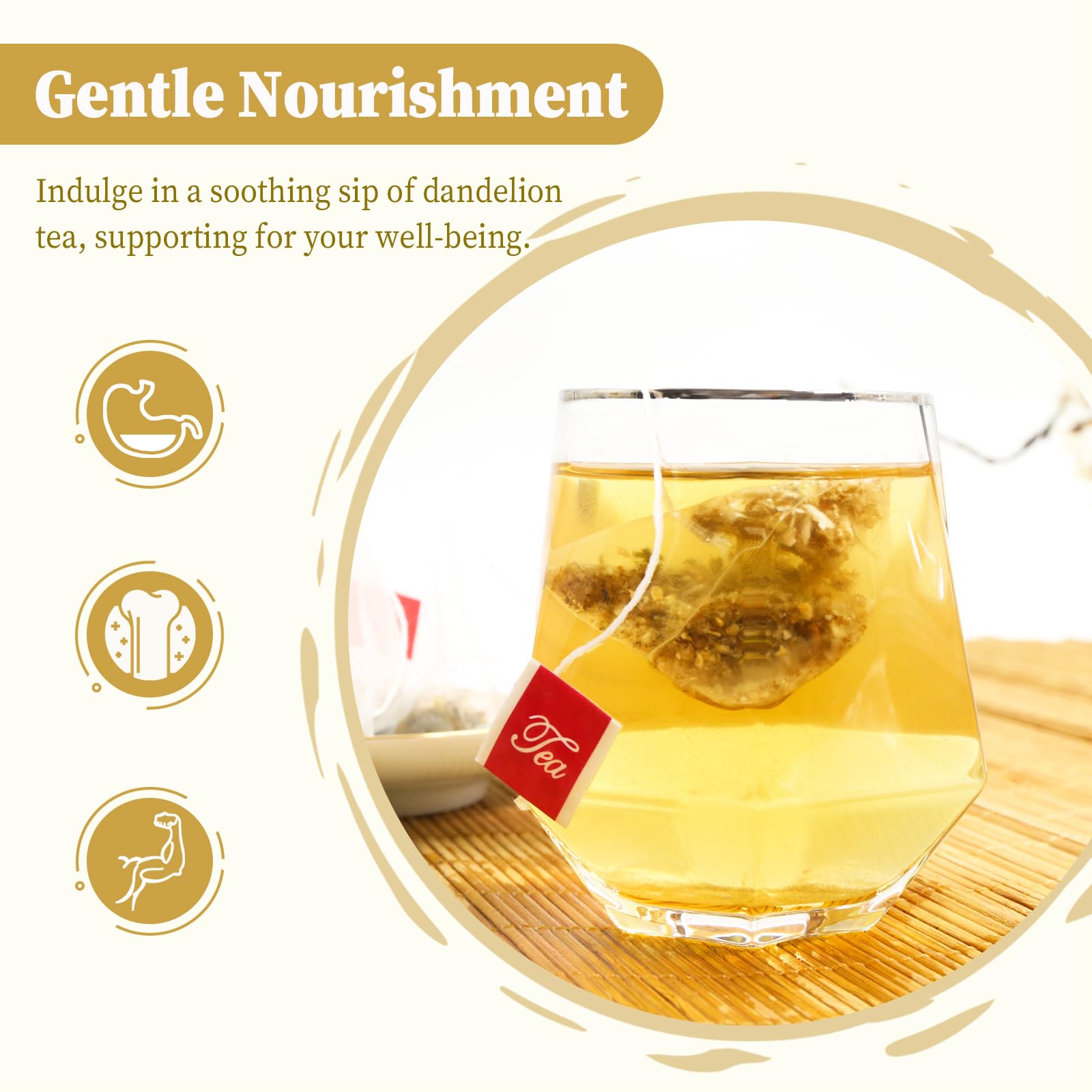 FullChea dandelion root tea bags raw ingredients emphasize vitamin-rich, non-GMO blend.