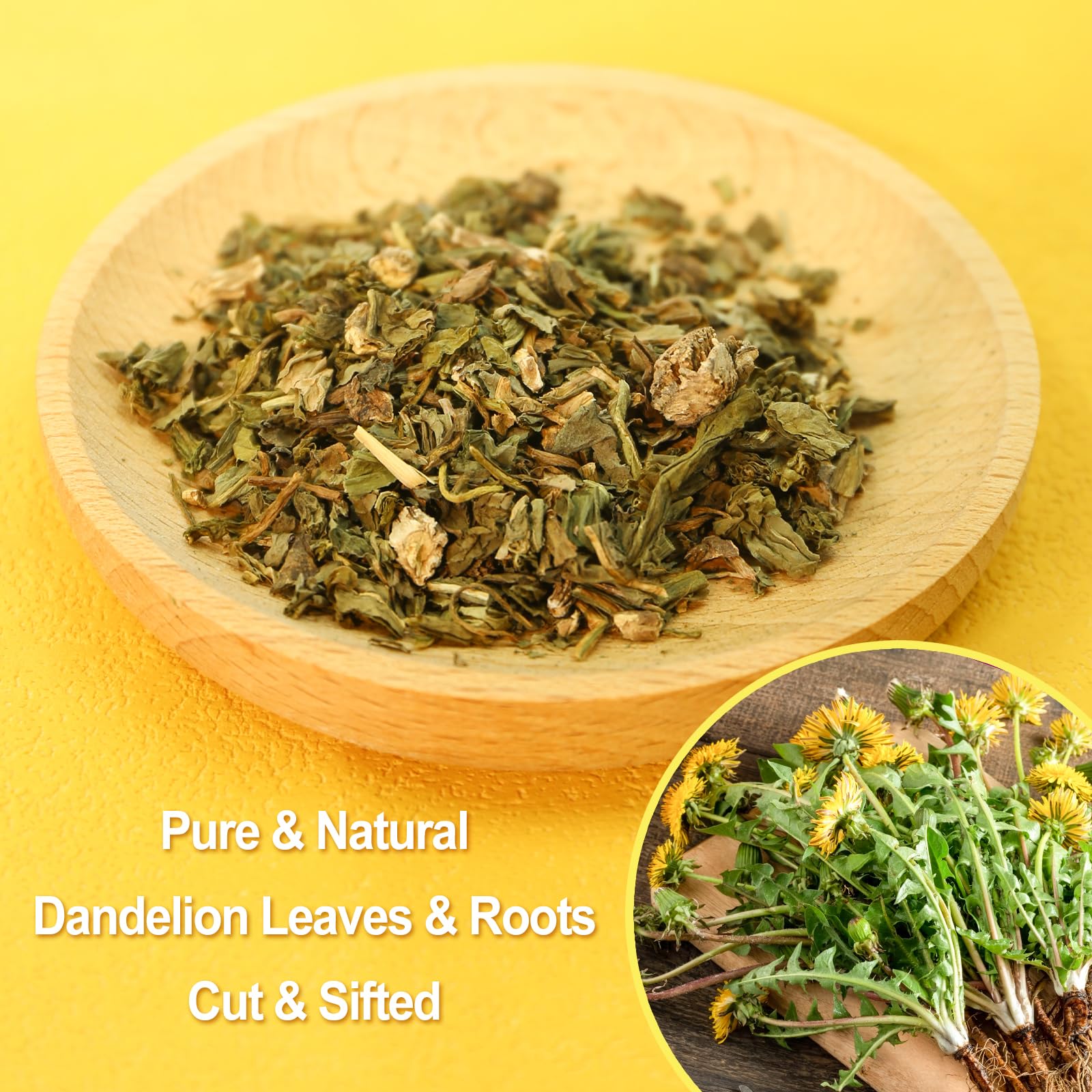 FullChea dandelion root tea bag close-up emphasizing root material and earthy aroma.
