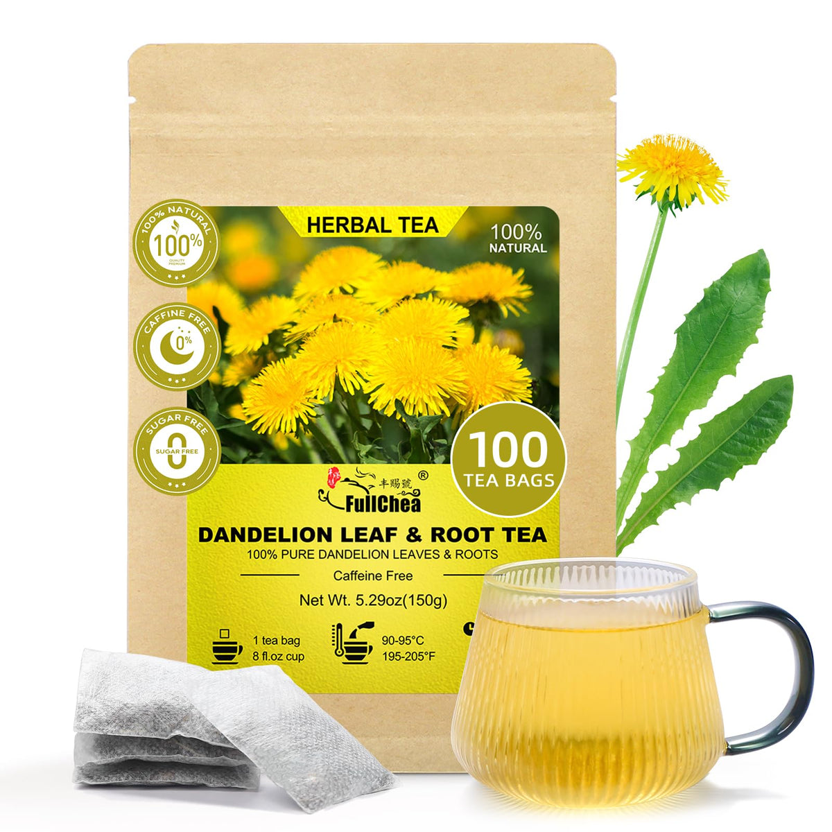 FullChea Dandelion tea bags in packaging for everyday wellness.