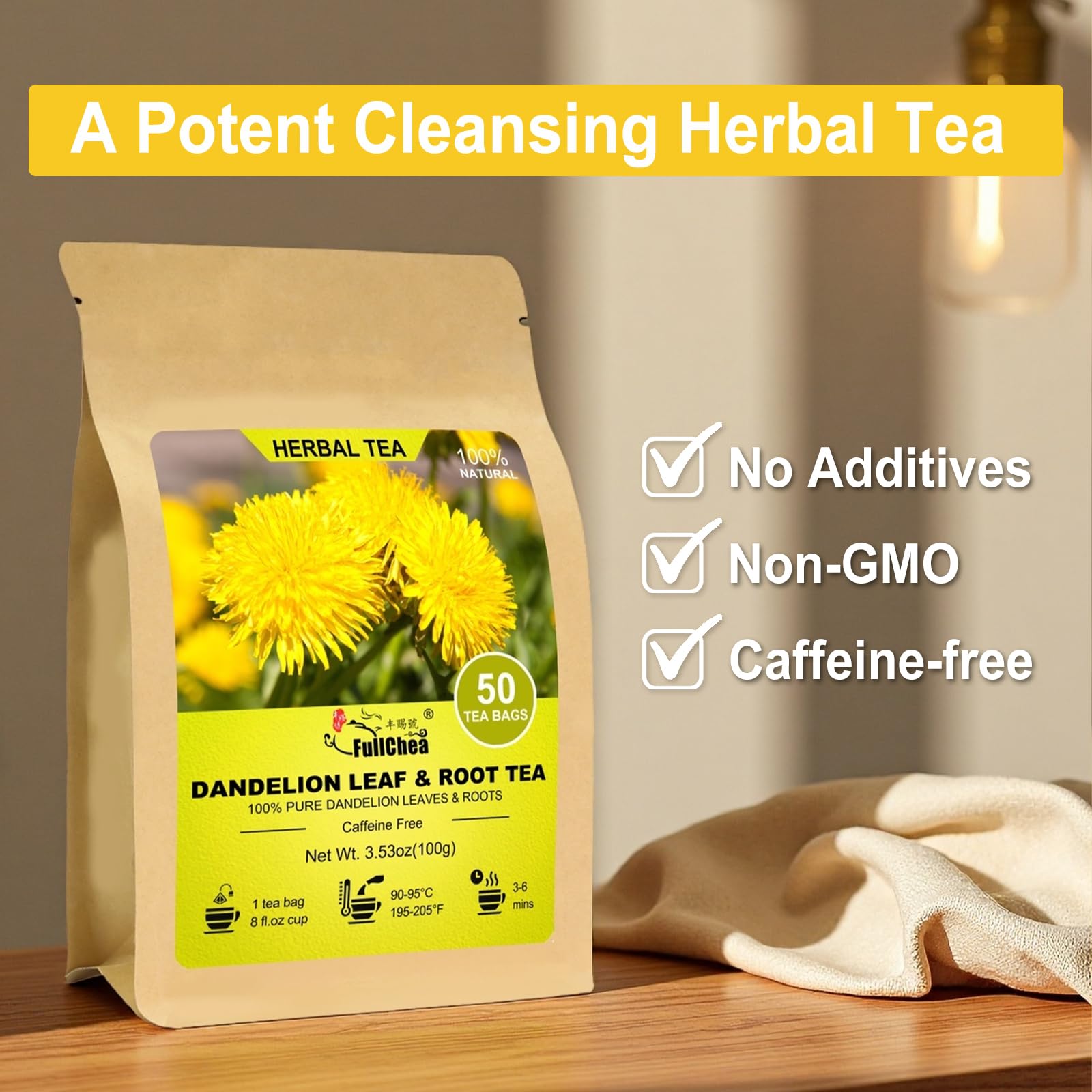 FullChea dandelion tea bags arranged on a kitchen counter in a resealable pack.