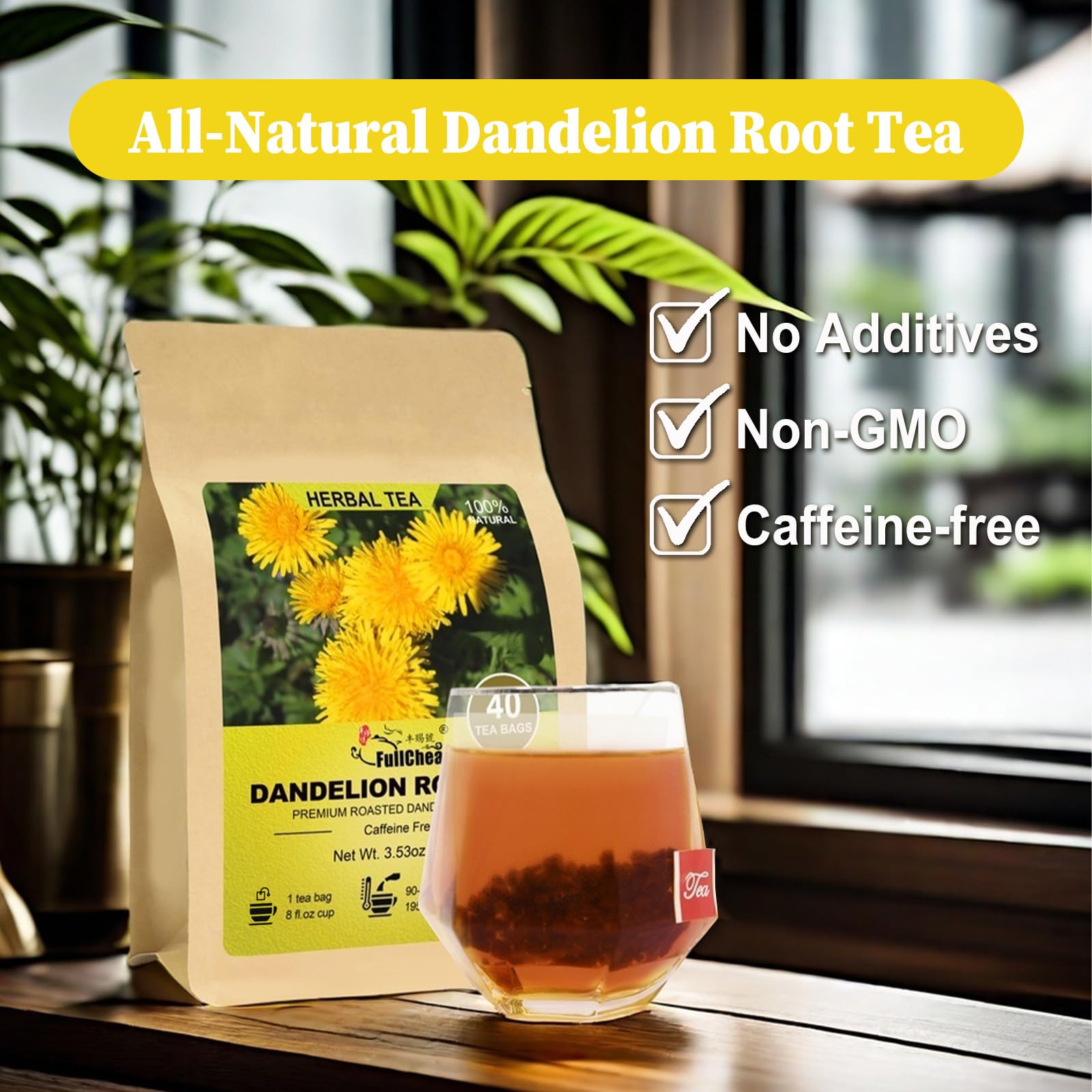 FullChea Dandelion Tea in hot cup, caffeine-free and soothing.