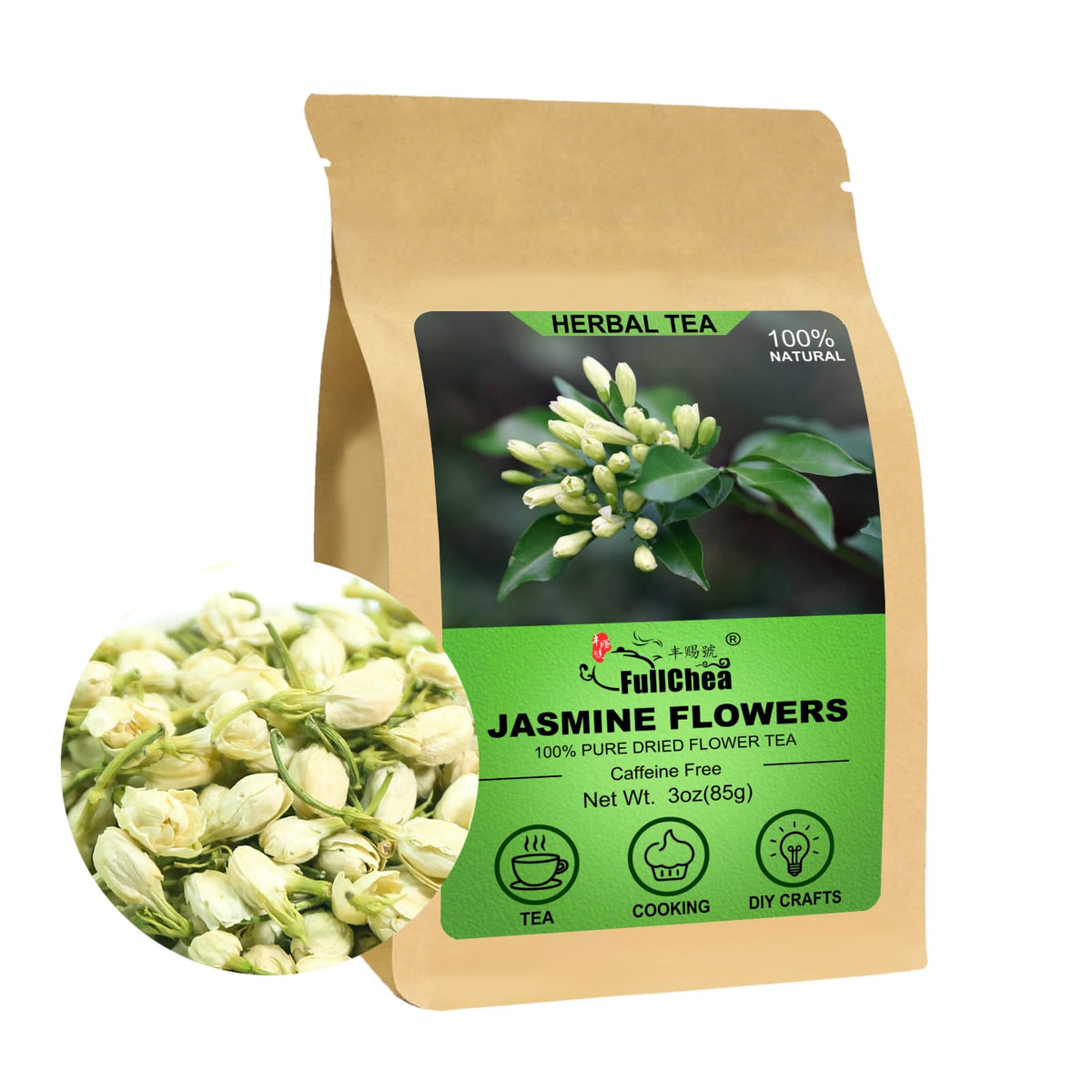 FullChea dried jasmine flowers, whole buds, ideal for culinary use and aromatic tea blends.