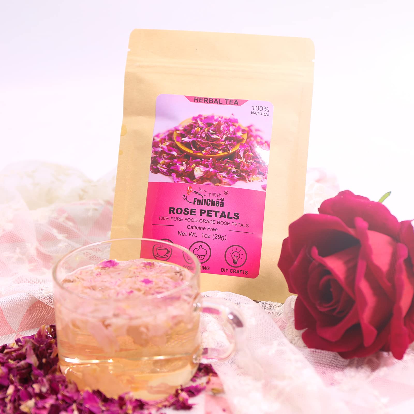 FullChea dried rose petals in craft setup for projects.