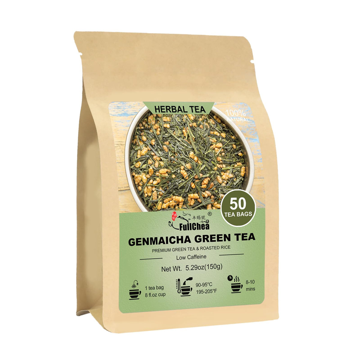FullChea Genmaicha tea bags in resealable pack preserve freshness.