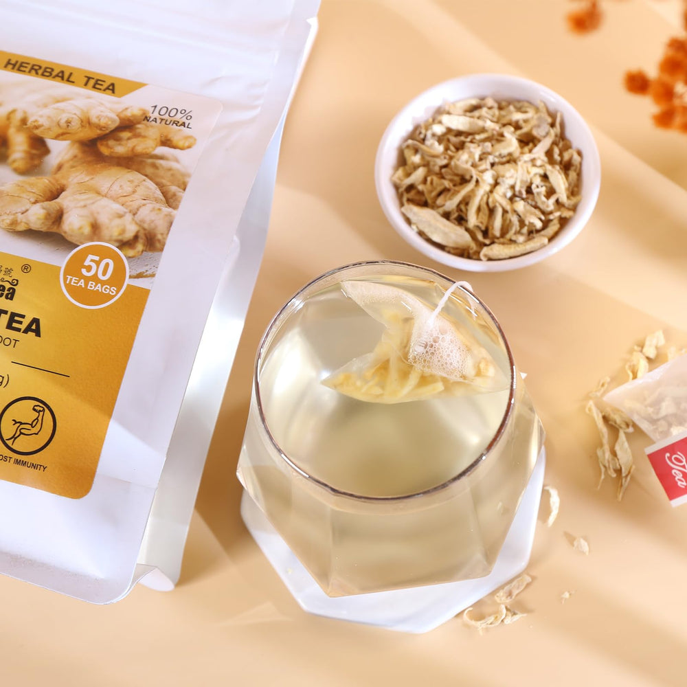 FullChea Ginger Tea Bag label closeup highlights quality ingredients in the blend.