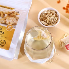 FullChea Ginger Tea Bag label closeup highlights quality ingredients in the blend.