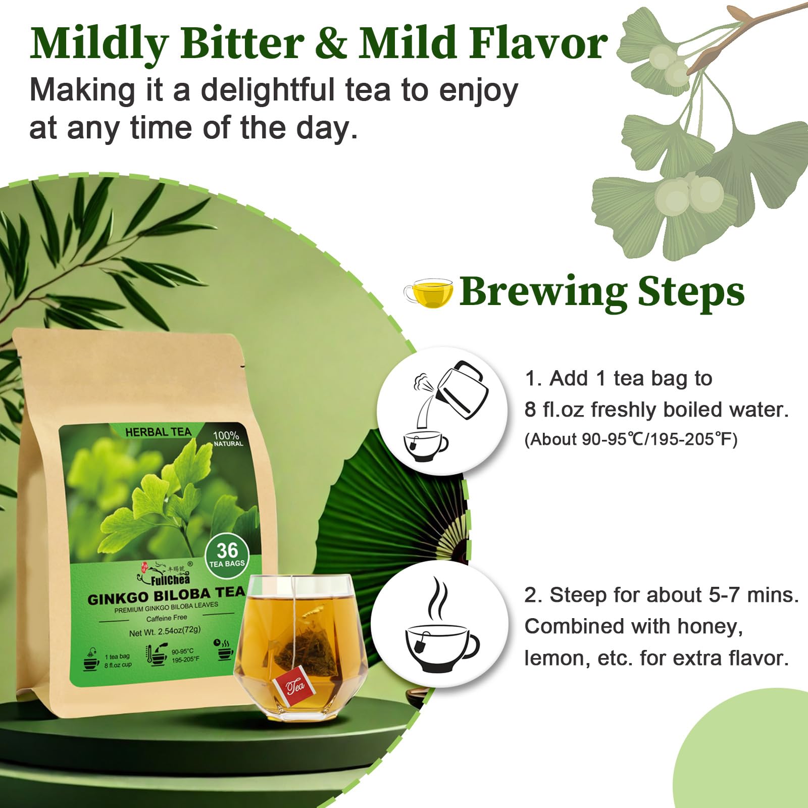 FullChea ginkgo biloba dried leaves emphasize premium ingredients.
