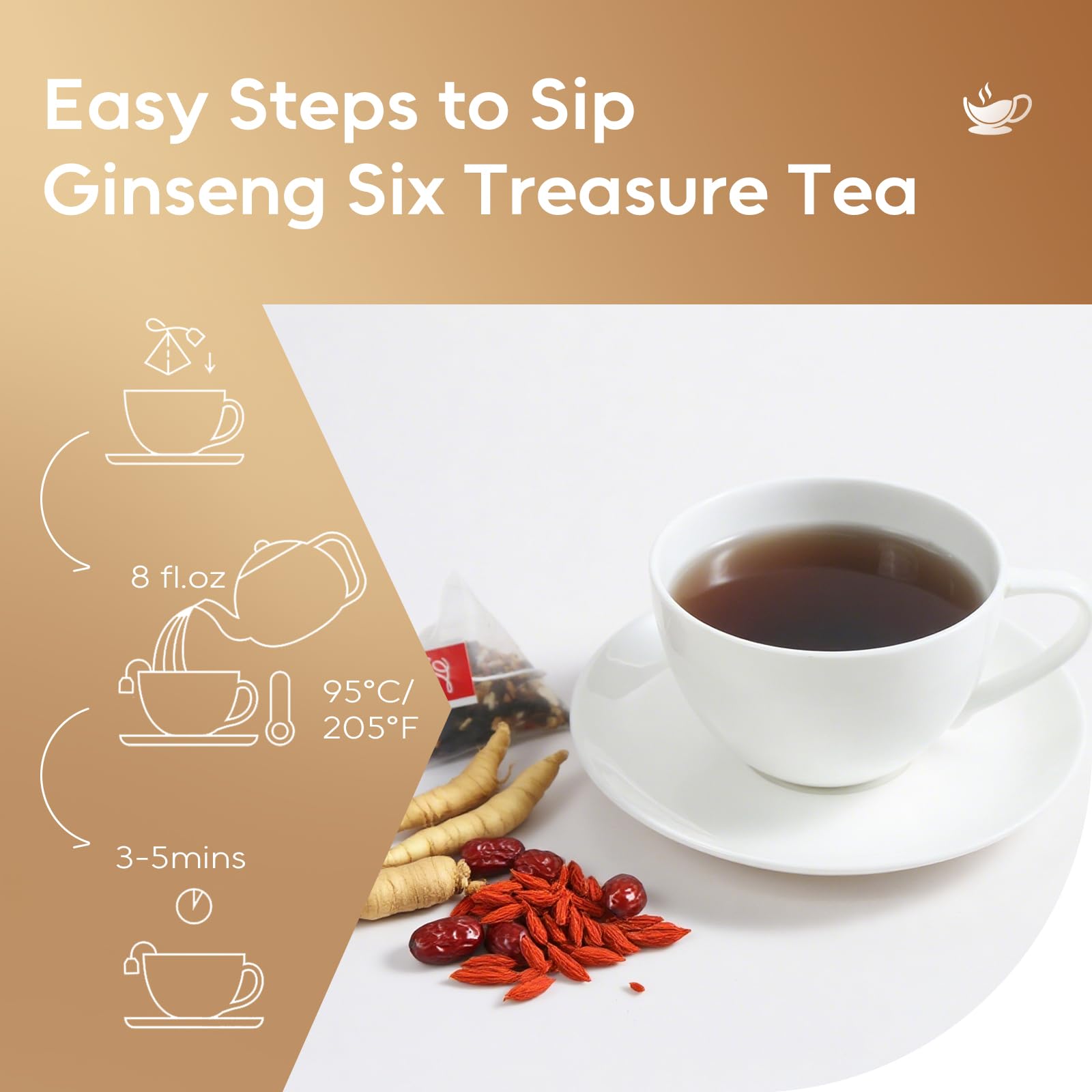 FullChea Ginseng Six Treasure Tea ingredients close-up show ginseng and goji.