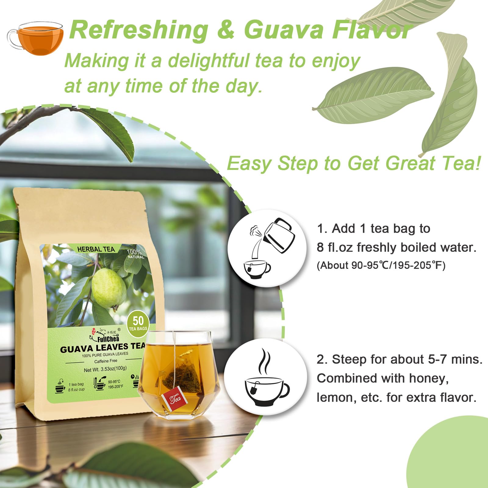 Box of FullChea Guava Leaves Tea bags offers convenient, non-GMO caffeine-free options.