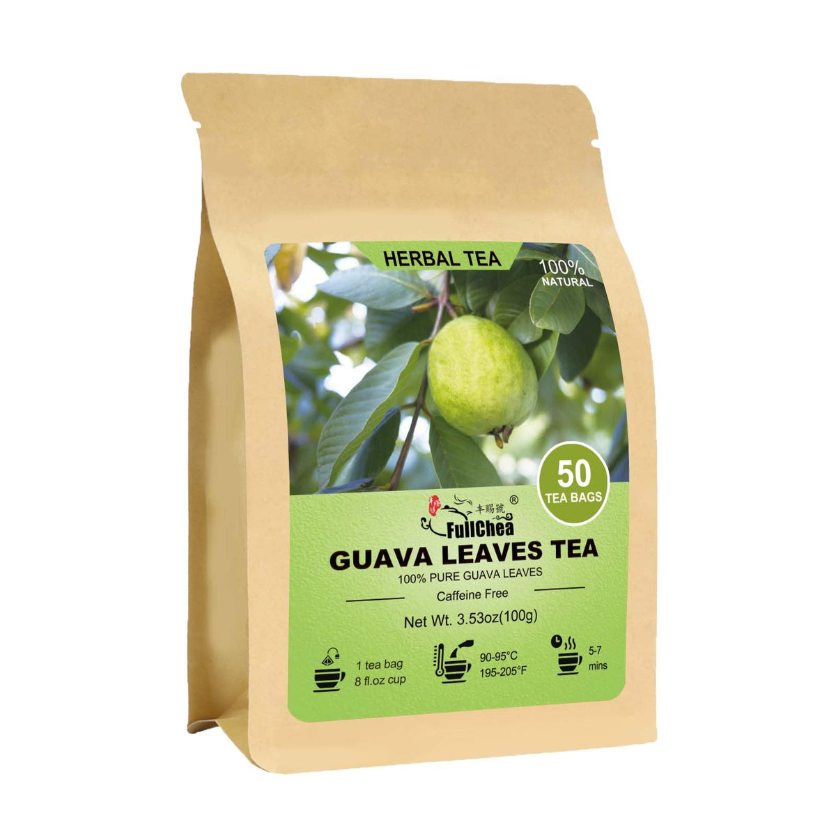 FullChea Guava Leaves Tea bags in packaging, caffeine-free and antioxidant-rich for a relaxing moment.