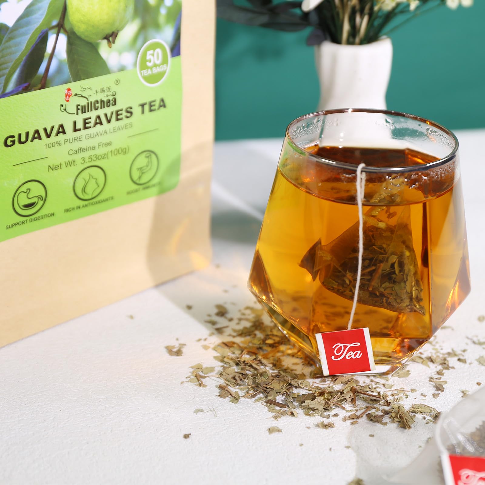 FullChea Guava Leaves Tea label emphasizes safety, packaging freshness, and resealability.